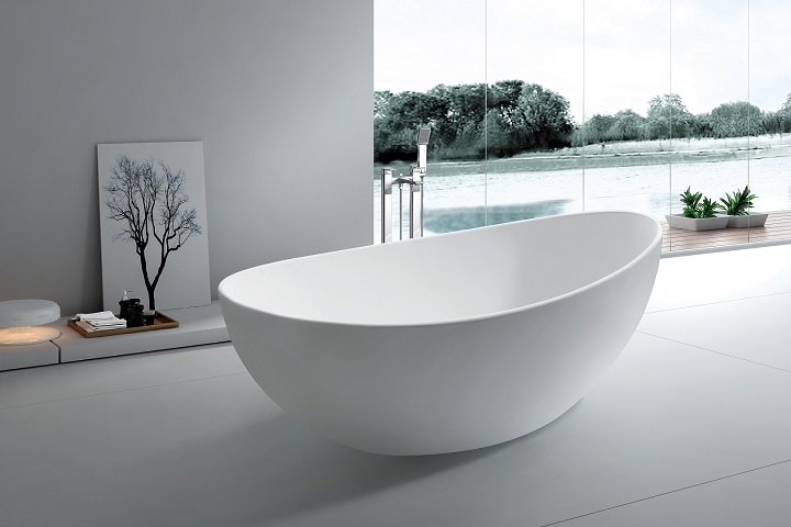 picture of a freestanding bathtub in a modern bathroom with a view on  lake