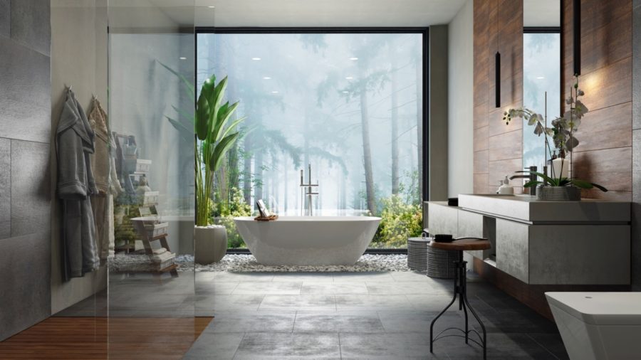picture of a modern bathroom with a view of trees