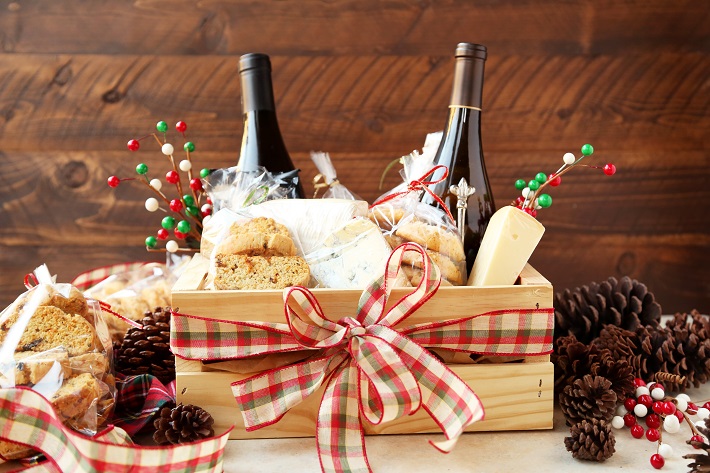 Christmas edible gifts hamper on table 