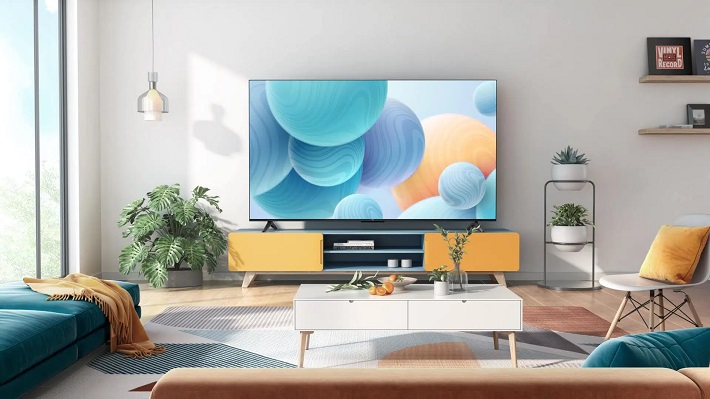 picture of a living room with a big tv