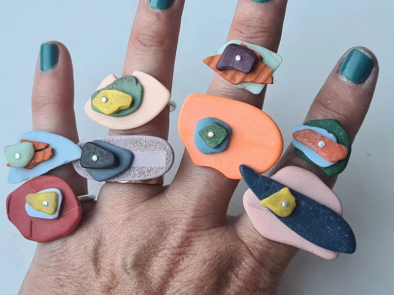 recycled plastic jewellery worn on fingers