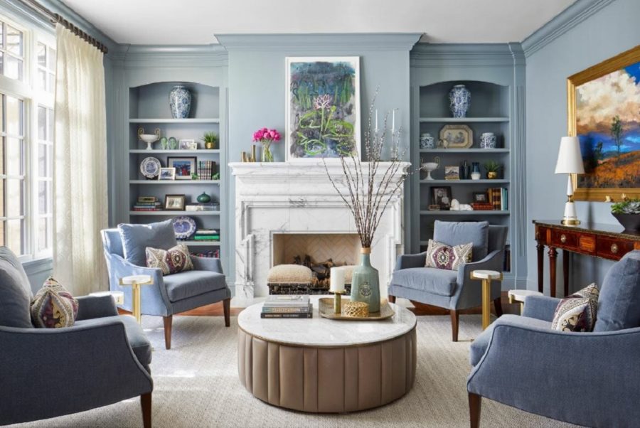 living room with blue vintage furniture