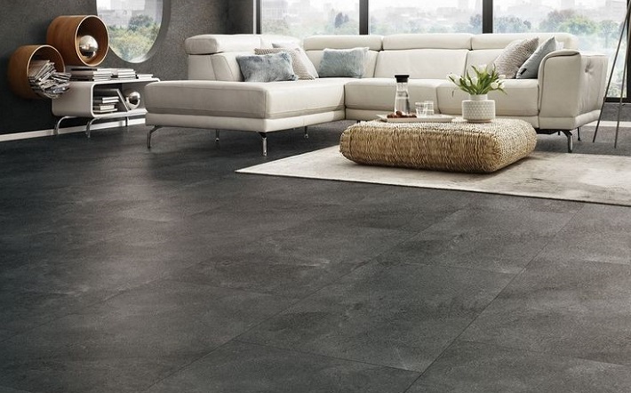 living room with flooring of natural slate tiles